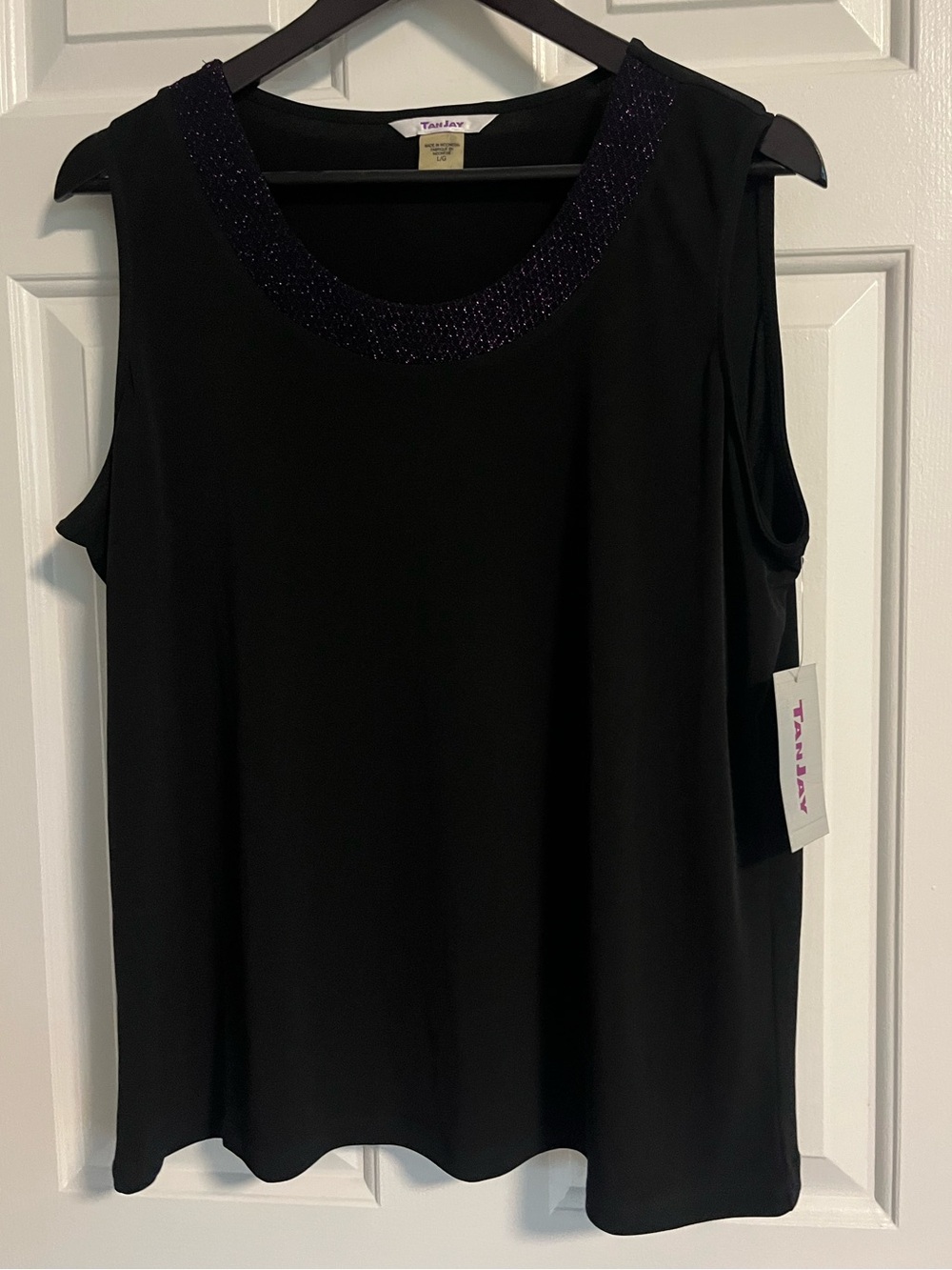 TanJay Black Sleeveless Tank with Purple Beaded Scoop Neck Size Large